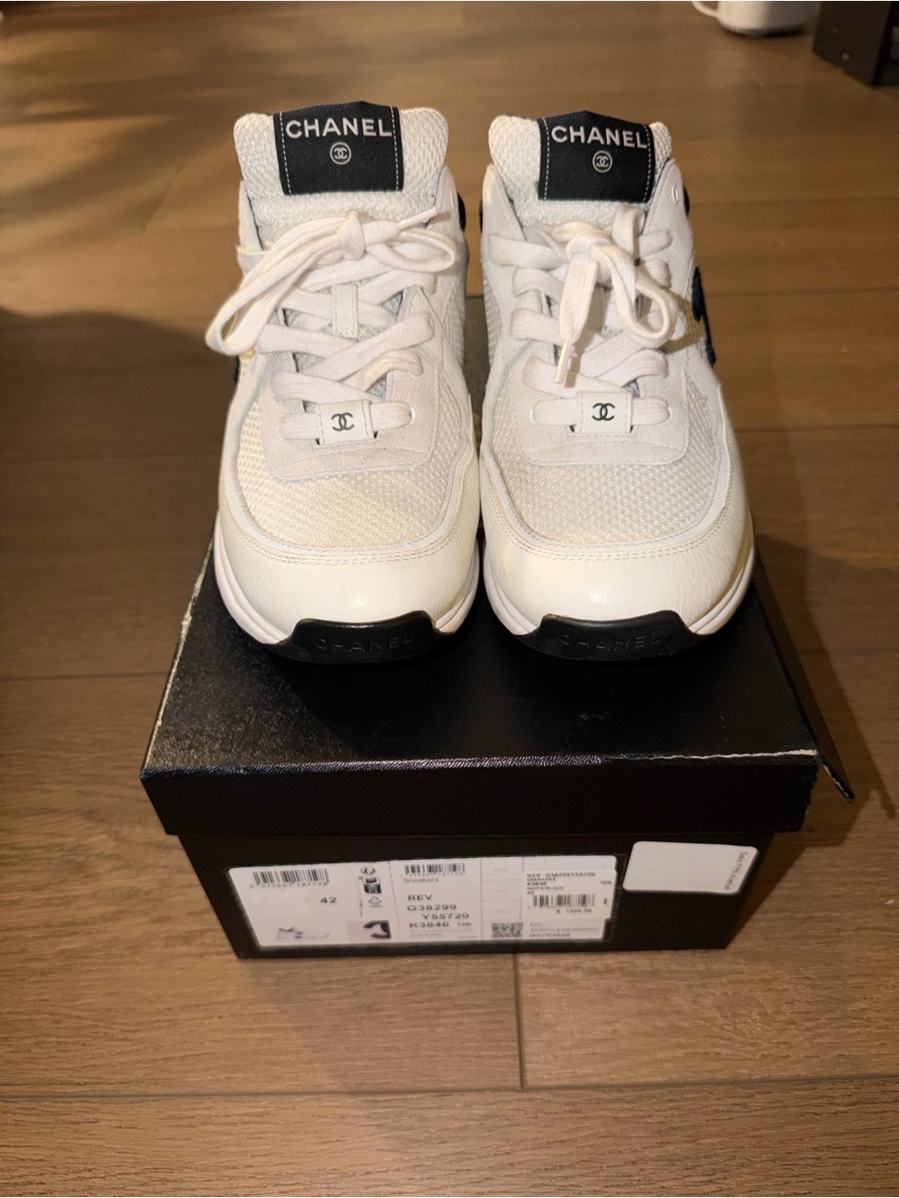 CHANEL Cream and Black Leather Logo Sneakers - Picture 3 of 6